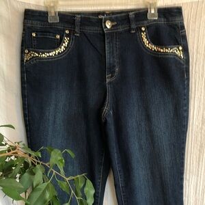 STYLE & CO size 10 dark wash mid rise straight leg w/gold studded accents